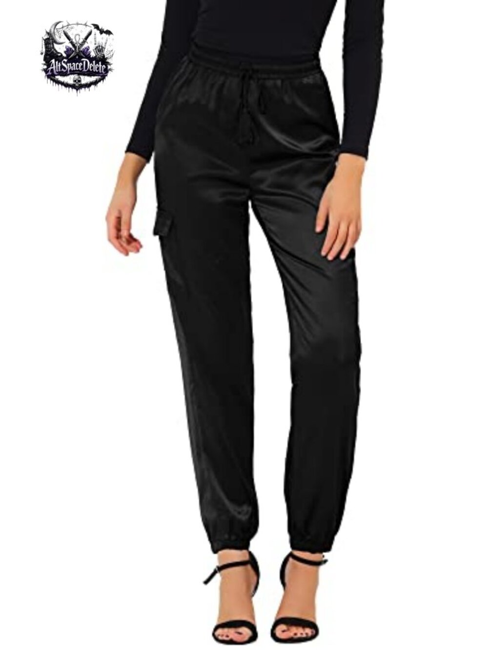 Satin High Waist Cargo Joggers Tie Elastic Pull On Pants Casual